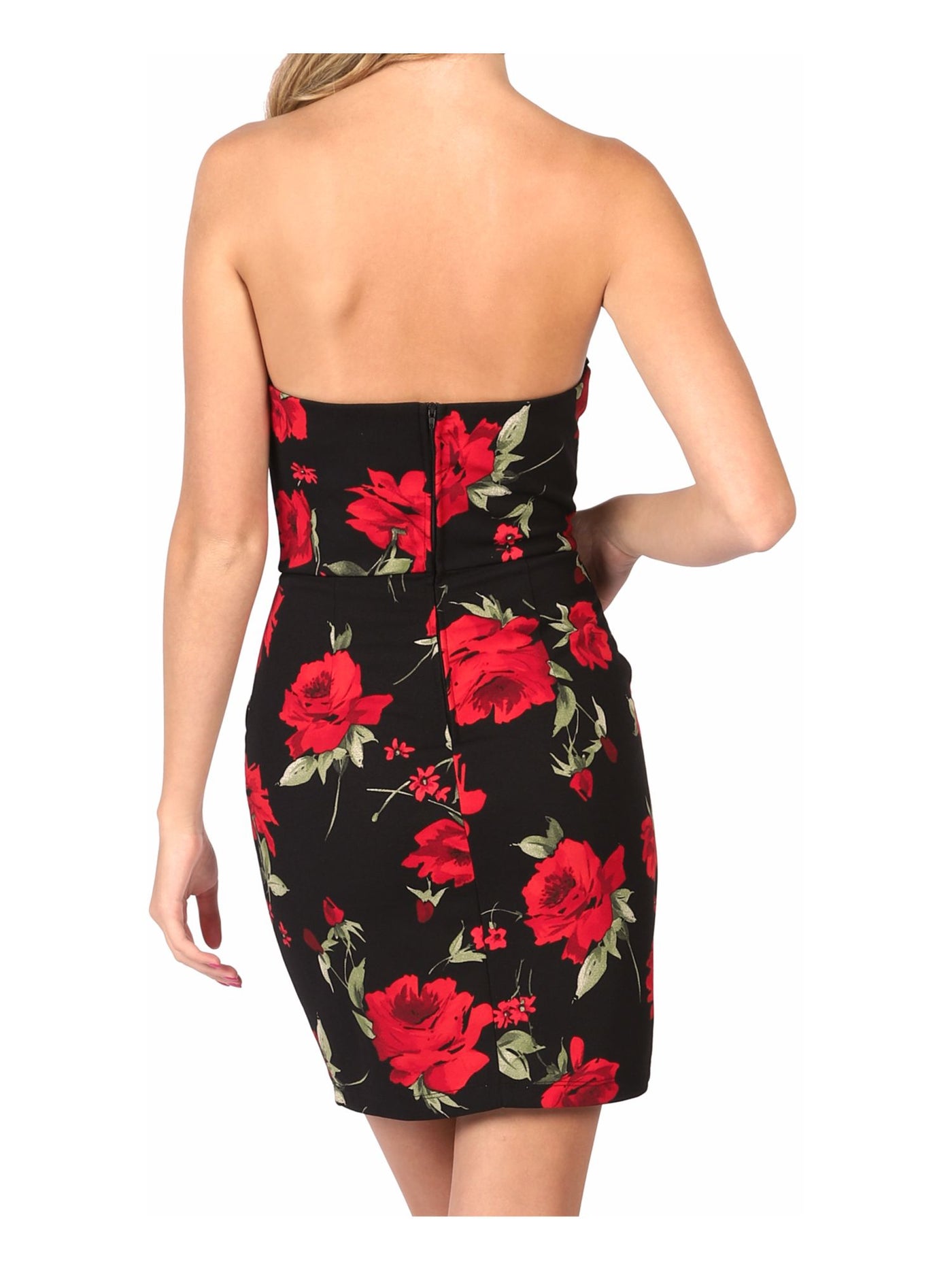 B DARLIN Womens Black Stretch Zippered Pocketed Floral Strapless Short Evening Body Con Dress Juniors 11\12