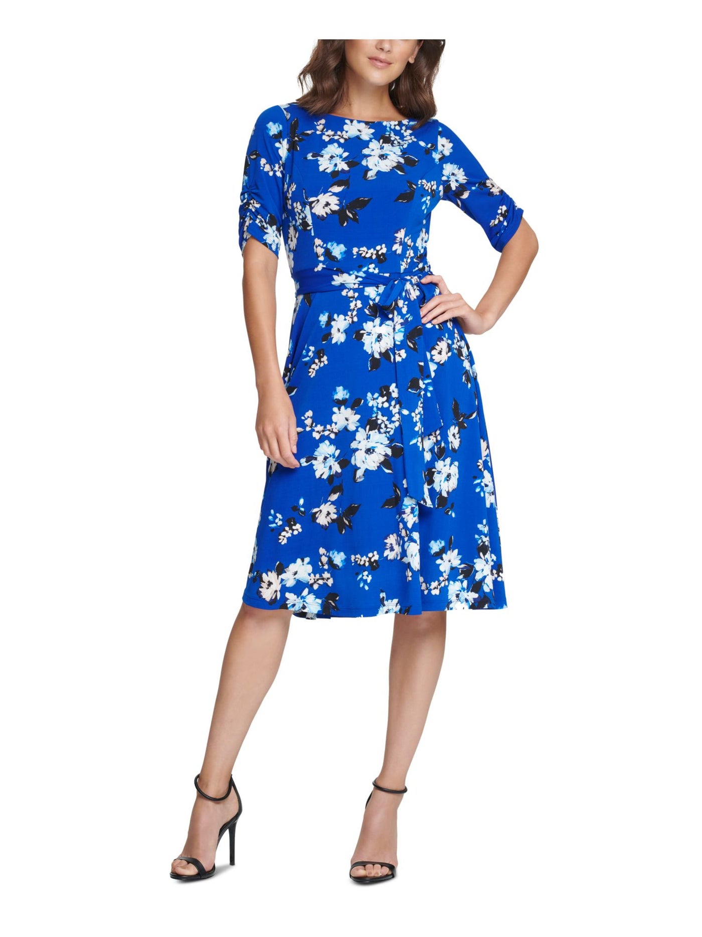 JESSICA HOWARD Womens Blue Stretch Zippered Belted Floral Elbow Sleeve Boat Neck Above The Knee Evening Fit + Flare Dress Petites 6P