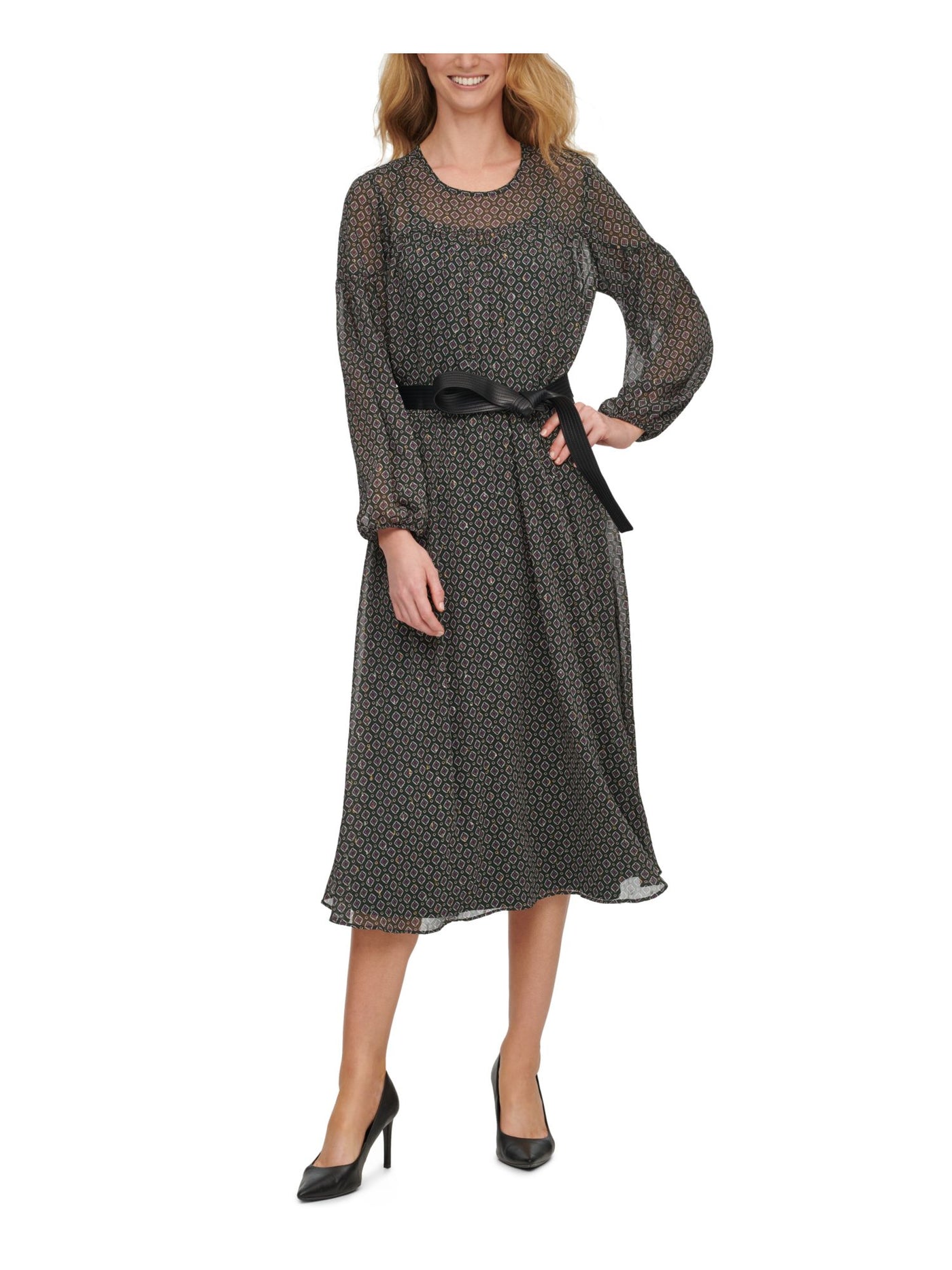 CALVIN KLEIN Womens Green Printed Cuffed Sleeve Jewel Neck Tea-Length Sheath Dress 2