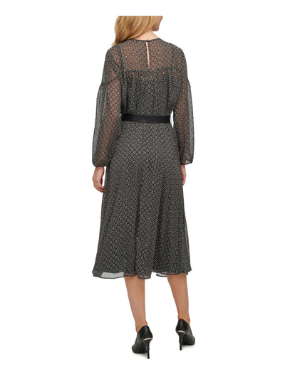 CALVIN KLEIN Womens Green Printed Cuffed Sleeve Jewel Neck Tea-Length Sheath Dress 2