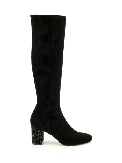 JEWEL BADGLEY MISCHKA Womens Black Rhinestone Heel Stretch Padded Evalina Square Toe Block Heel Heeled Boots 10