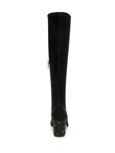 JEWEL BADGLEY MISCHKA Womens Black Rhinestone Heel Stretch Padded Evalina Square Toe Block Heel Heeled Boots 10