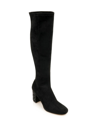 JEWEL BADGLEY MISCHKA Womens Black Rhinestone Heel Stretch Padded Evalina Square Toe Block Heel Heeled Boots 10