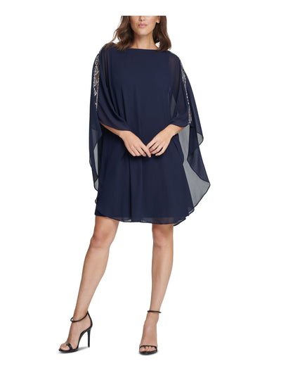 VINCE CAMUTO Womens Navy Zippered Embellished Cape Overlay Flutter Sleeve Round Neck Above The Knee Party Sheath Dress Petites 4P