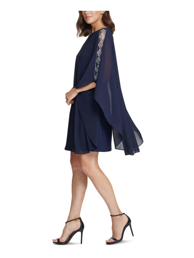 VINCE CAMUTO Womens Navy Zippered Embellished Cape Overlay Flutter Sleeve Round Neck Above The Knee Party Sheath Dress Petites 4P