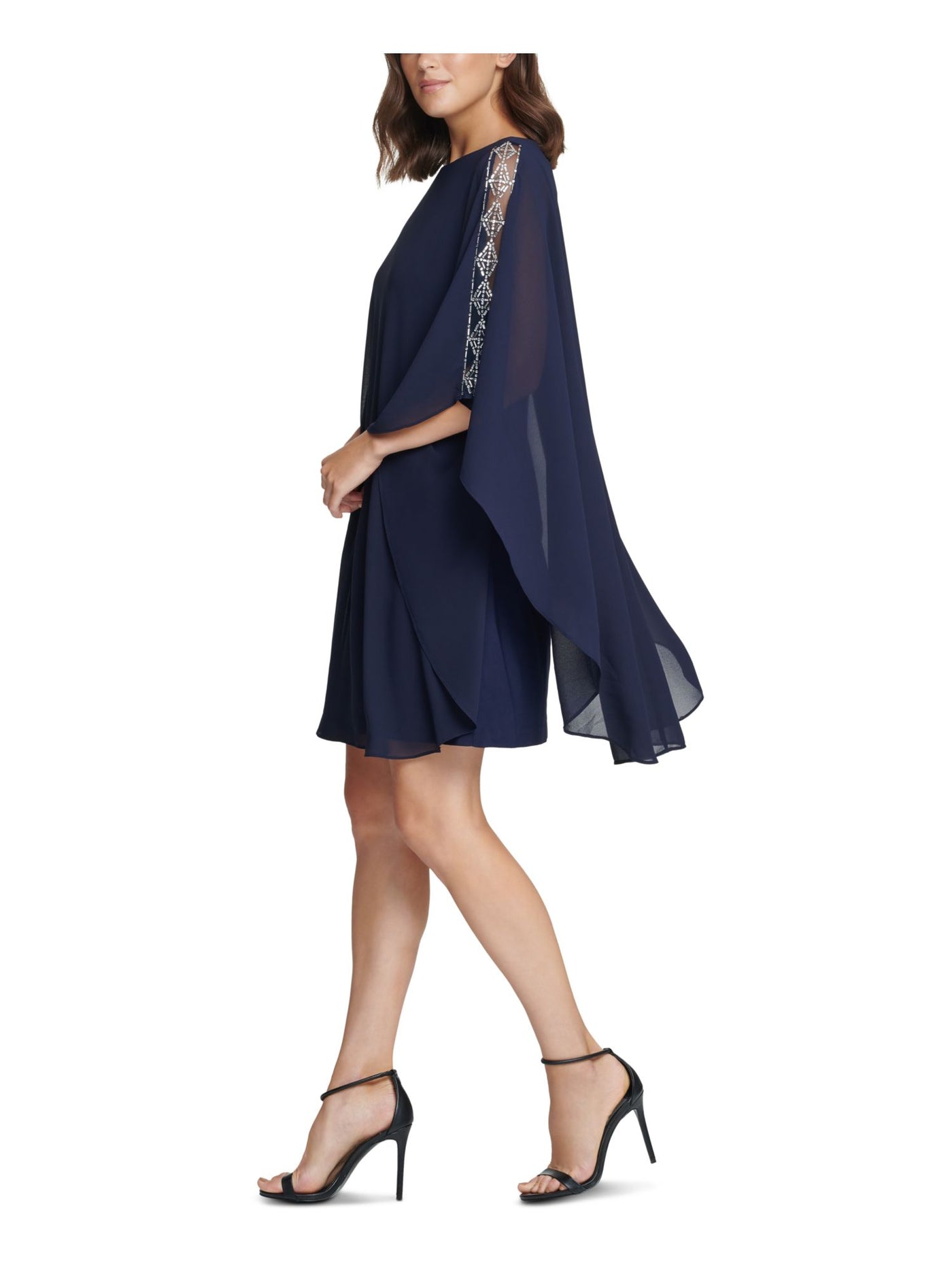 VINCE CAMUTO Womens Navy Zippered Embellished Cape Overlay Flutter Sleeve Round Neck Above The Knee Party Sheath Dress Petites 0P