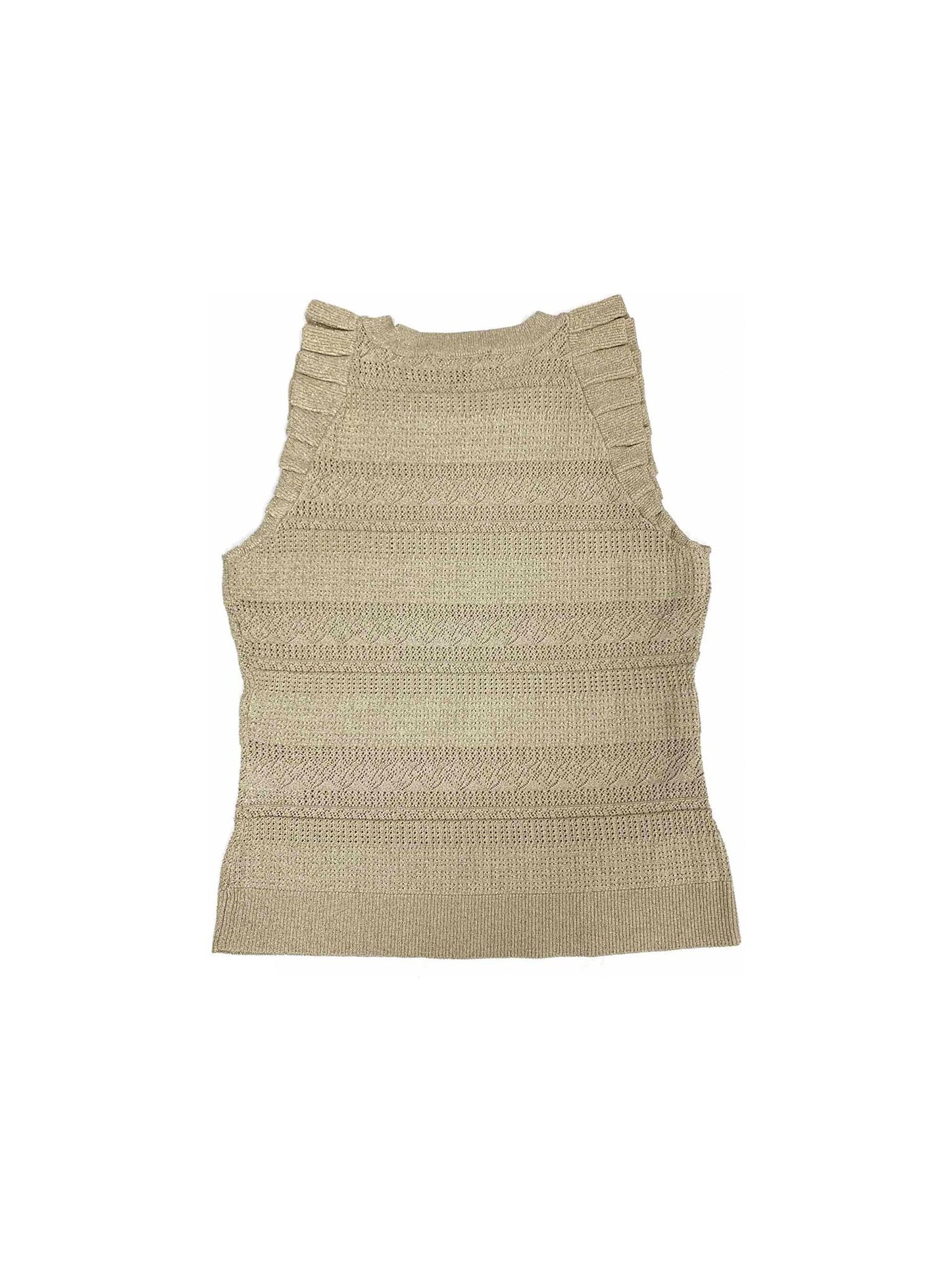 INC Womens Beige Ruffled Shimmering Sleeveless Crew Neck Sweater L