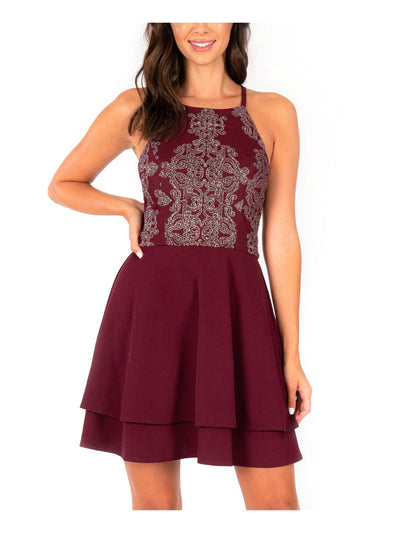 SPEECHLESS Womens Burgundy Glitter Embellished Halter Short Formal Layered Dress 9