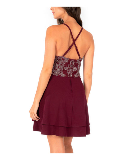 SPEECHLESS Womens Burgundy Glitter Embellished Halter Short Formal Layered Dress 3