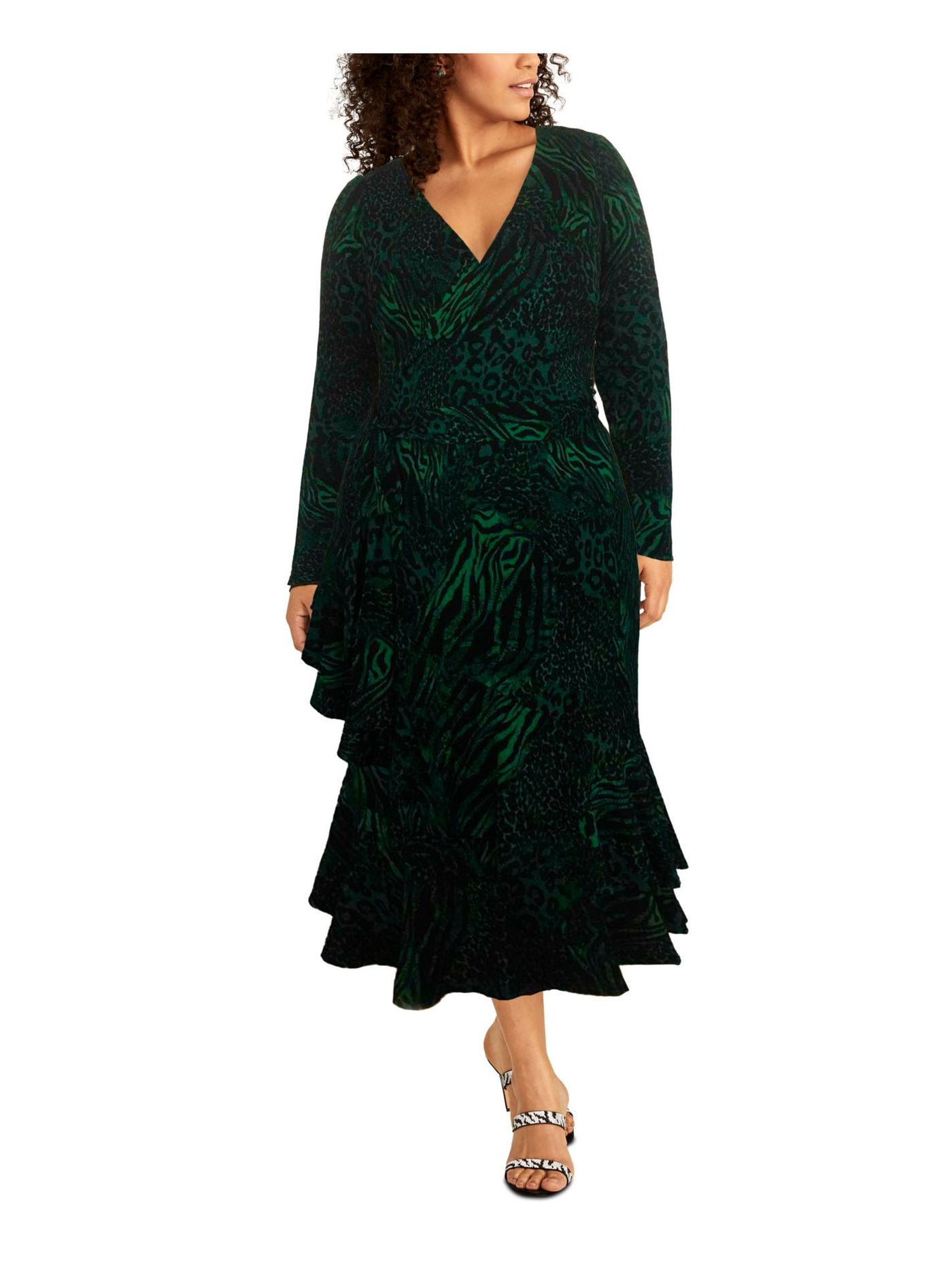 RACHEL RACHEL ROY Womens Green Belted Ruffled Hidden Zipper Surplice Neckline Evening Faux Wrap Dress Plus 0X