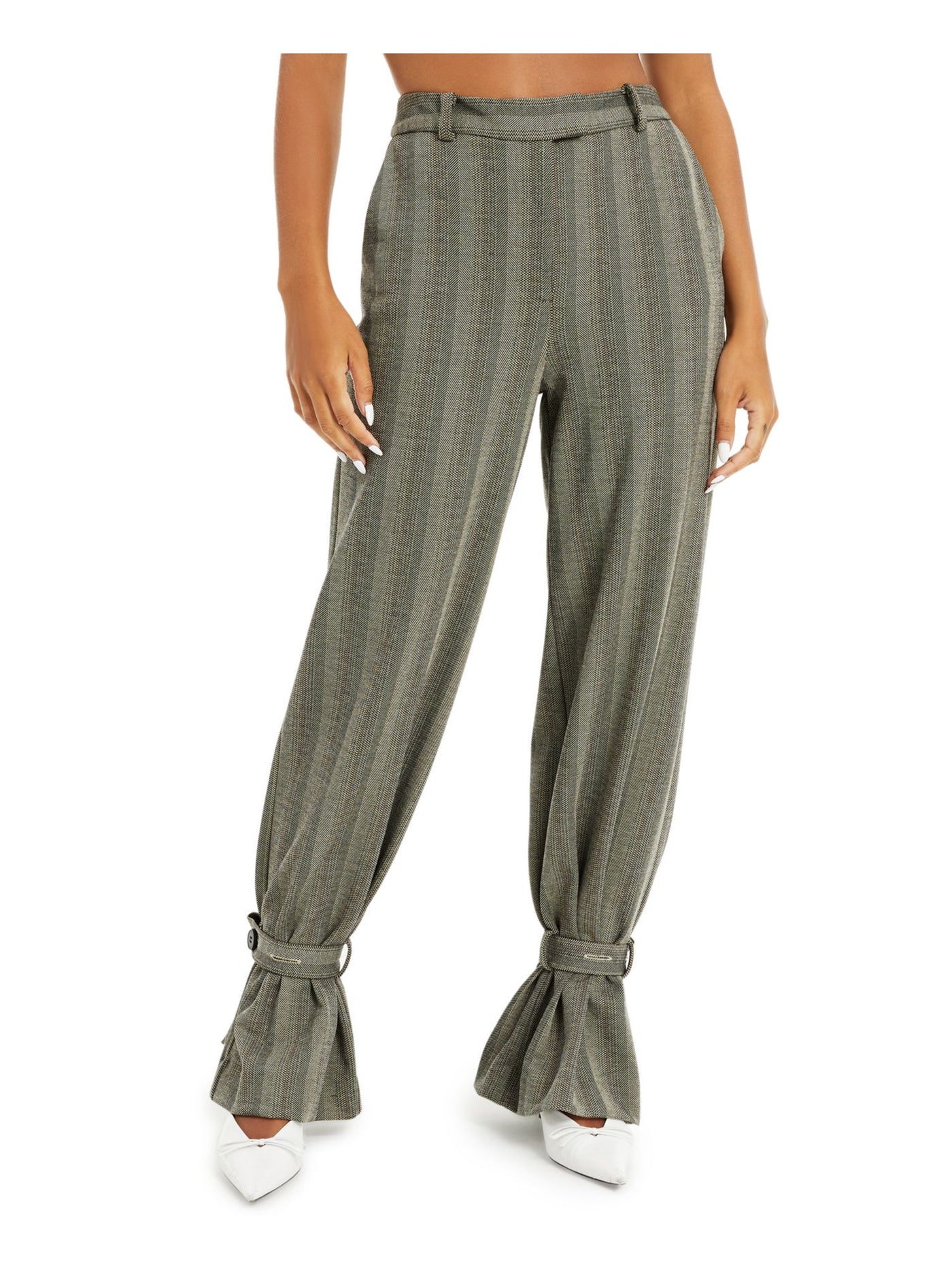 DANIELLE BERNSTEIN Womens Gray Pocketed Tab-details Herringbone Wide Leg Pants 4