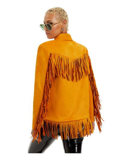 DANIELLE BERNSTEIN Womens Yellow Fringed Faux Suede Pocketed Button Down Jacket XS