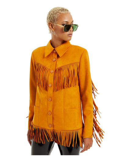 DANIELLE BERNSTEIN Womens Yellow Fringed Faux Suede Pocketed Button Down Jacket XS