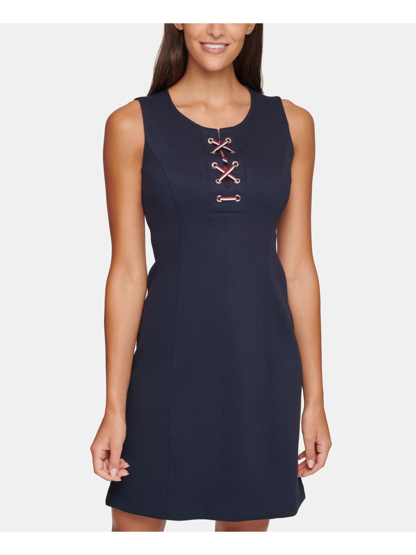 TOMMY HILFIGER Womens Navy Sleeveless Crew Neck Wear To Work Sheath Dress 12