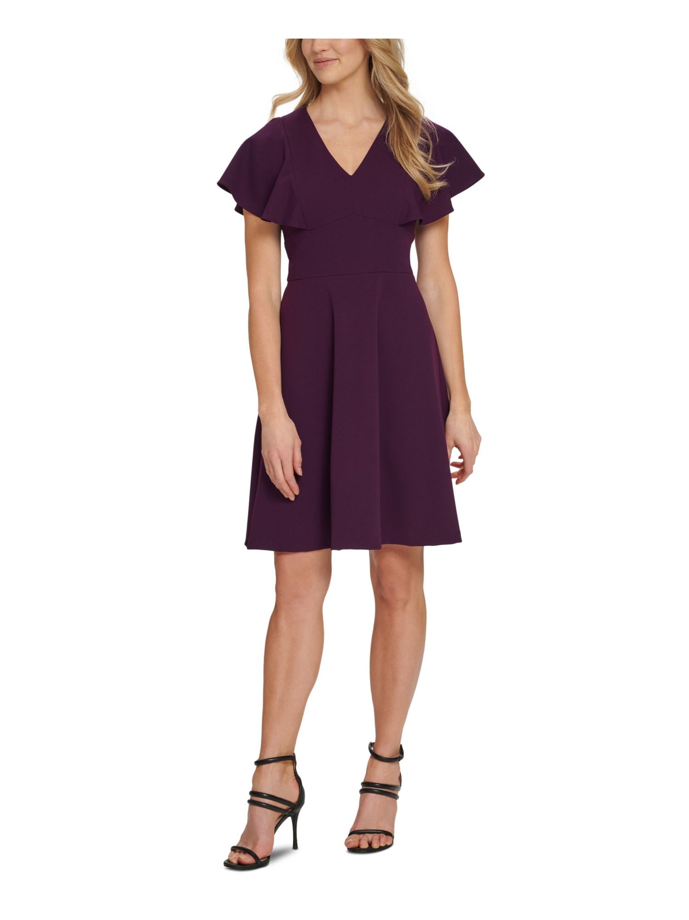 DKNY Womens Purple Zippered Flutter V Neck Knee Length Evening Fit + Flare Dress 4