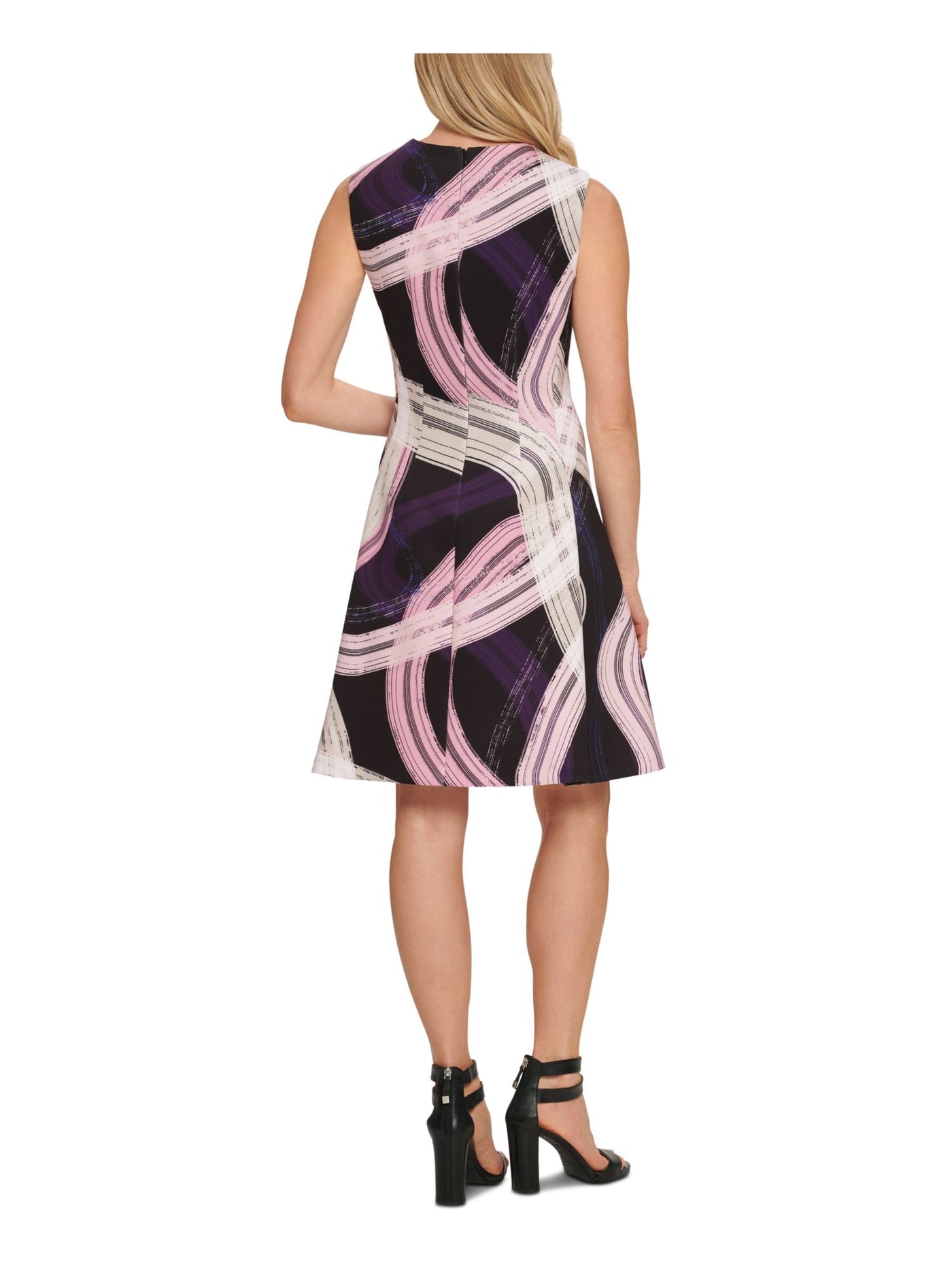 DKNY Womens Purple Pleated Zippered Printed Sleeveless Jewel Neck Above The Knee Wear To Work Fit + Flare Dress 2