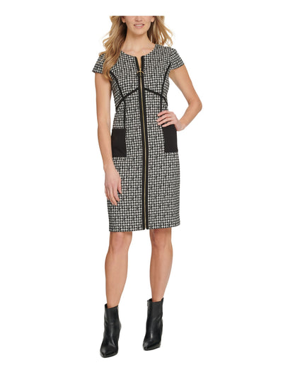 DKNY Womens Black Pocketed Zippered Houndstooth Cap Sleeve Scoop Neck Knee Length Wear To Work Sheath Dress 2