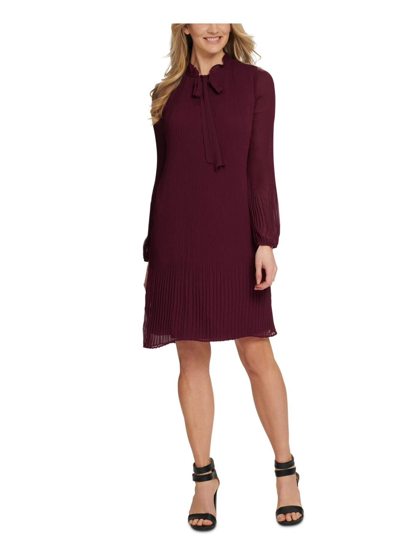 DKNY Womens Pleated Long Sleeve Tie Neck Above The Knee Shift Dress