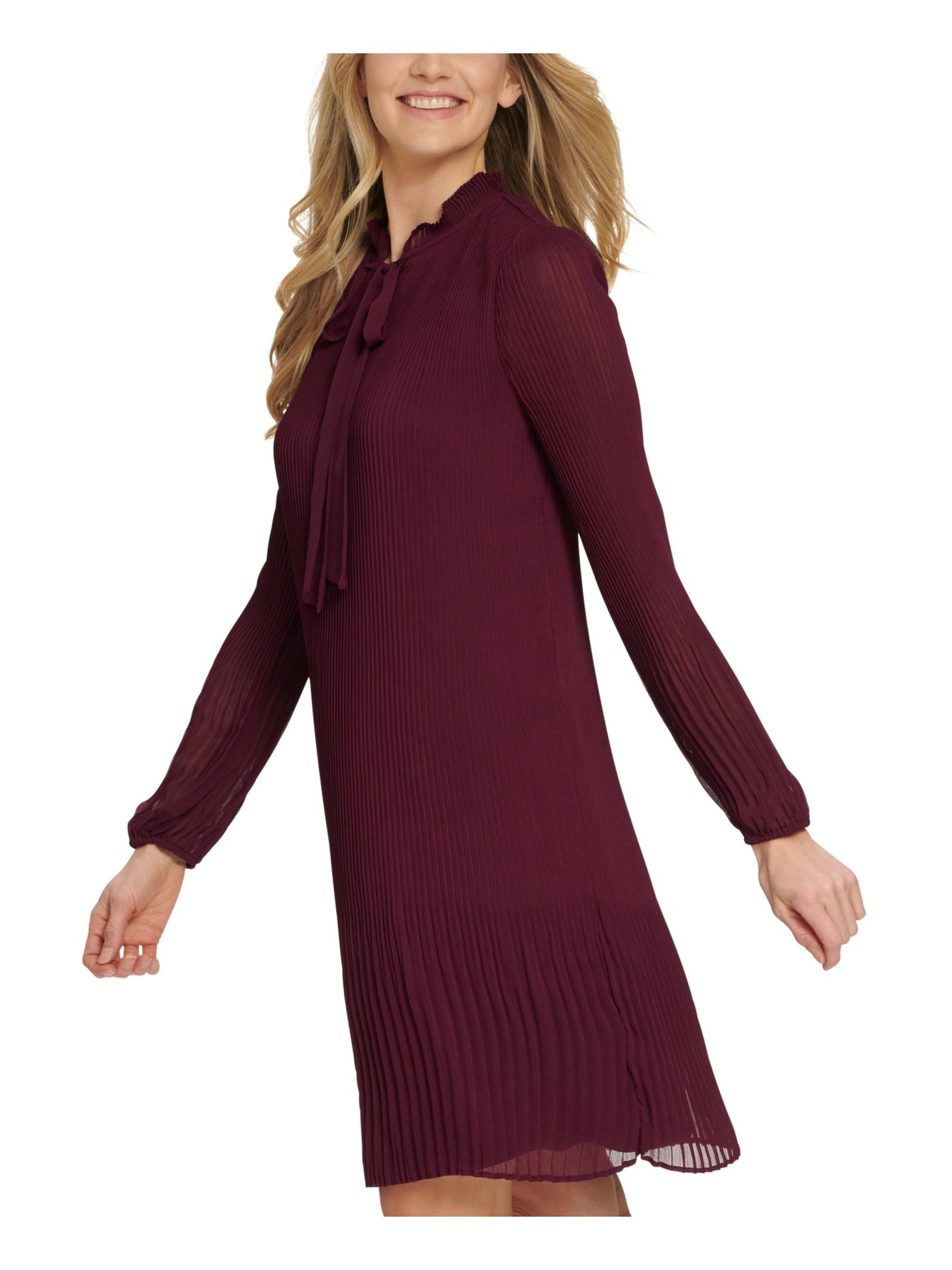 DKNY Womens Pleated Long Sleeve Tie Neck Above The Knee Shift Dress
