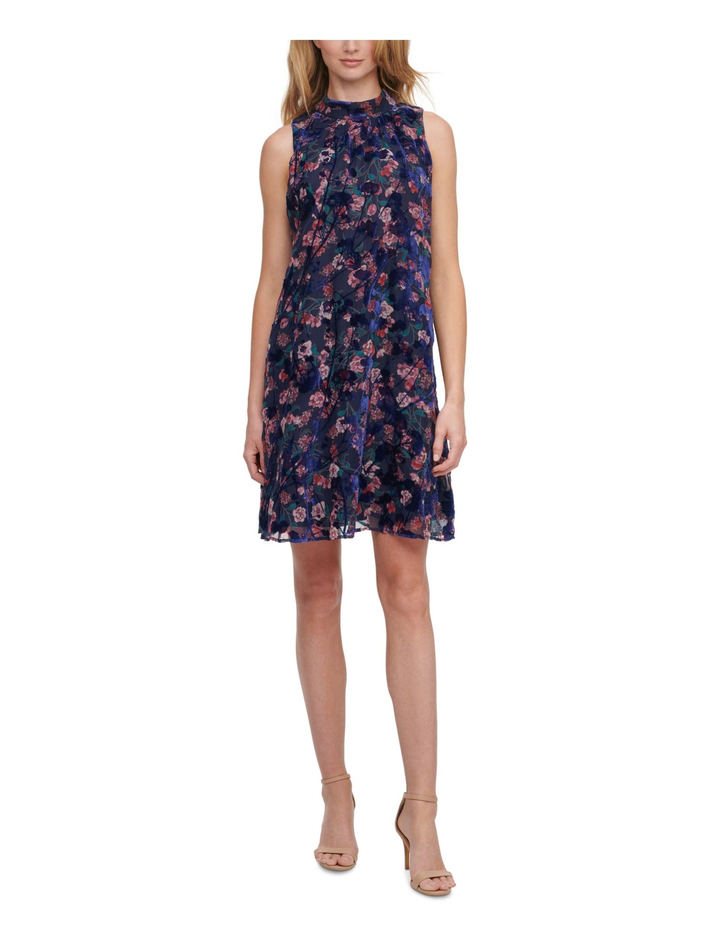 TOMMY HILFIGER Womens Navy Textured Mock-neck Burnout Floral Sleeveless Above The Knee A-Line Dress 8