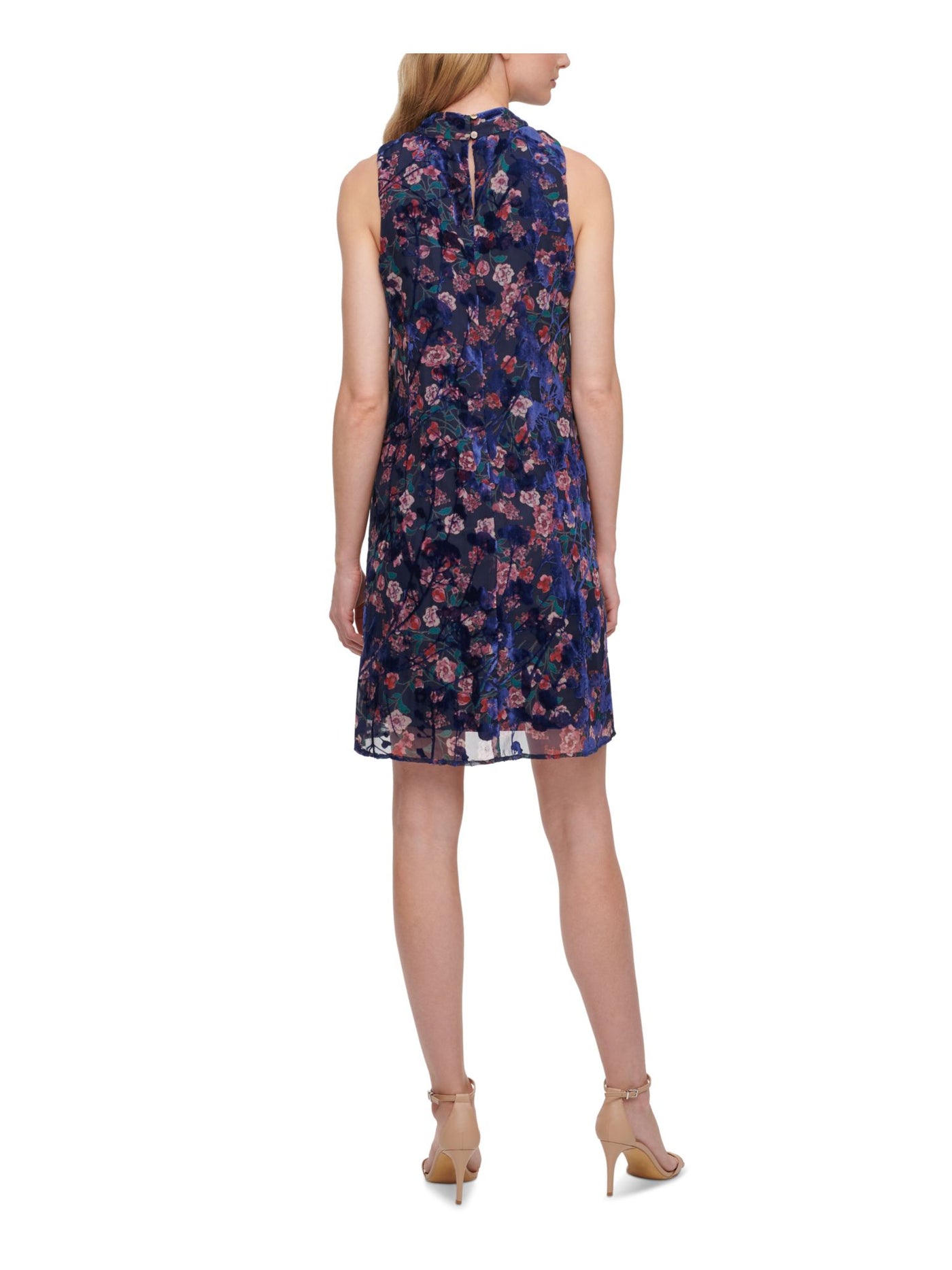 TOMMY HILFIGER Womens Navy Textured Mock-neck Burnout Floral Sleeveless Above The Knee A-Line Dress 8