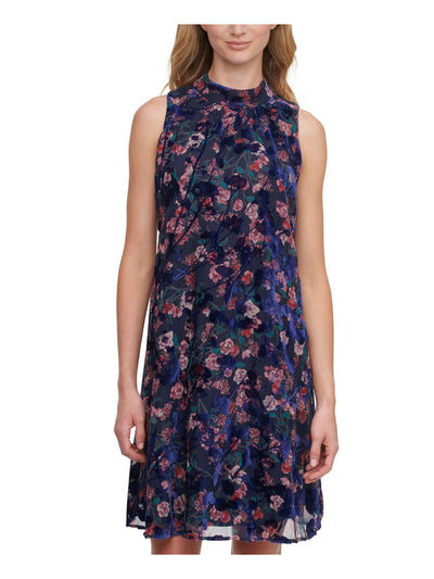 TOMMY HILFIGER Womens Navy Textured Mock-neck Burnout Floral Sleeveless Above The Knee A-Line Dress 6