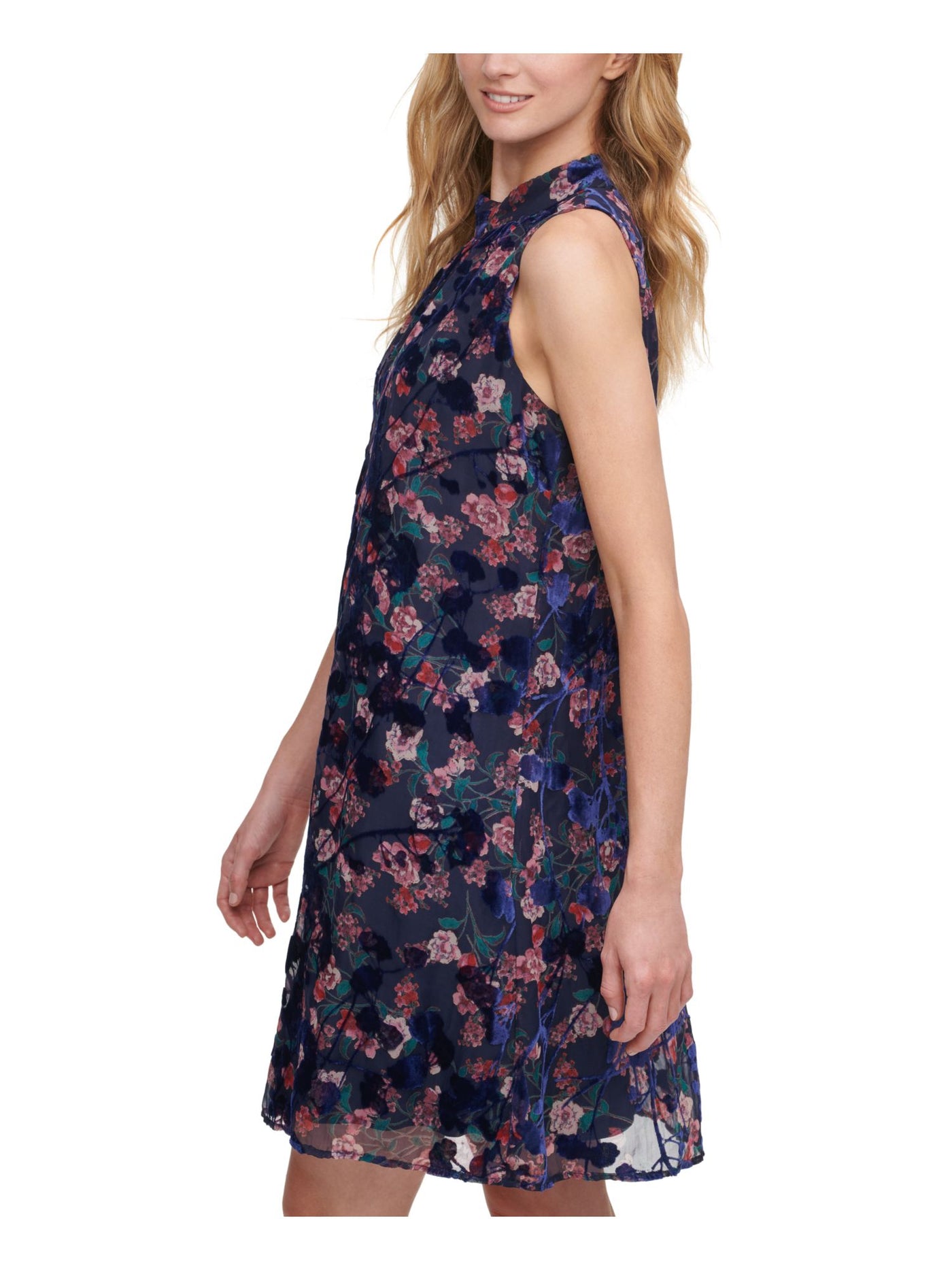 TOMMY HILFIGER Womens Navy Textured Mock-neck Burnout Floral Sleeveless Above The Knee A-Line Dress 4