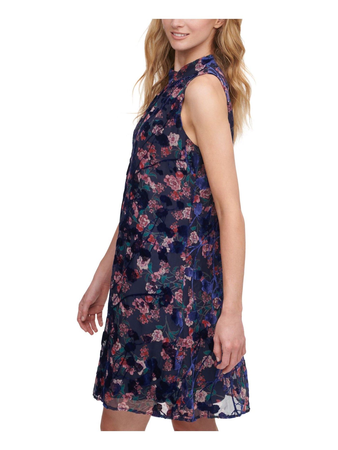 TOMMY HILFIGER Womens Navy Textured Mock-neck Burnout Floral Sleeveless Above The Knee A-Line Dress 2