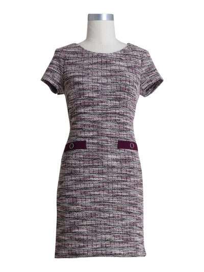 CONNECTED APPAREL Womens Stretch Textured Welt-pocket-detail Tweed Short Sleeve Round Neck Above The Knee Wear To Work Sheath Dress