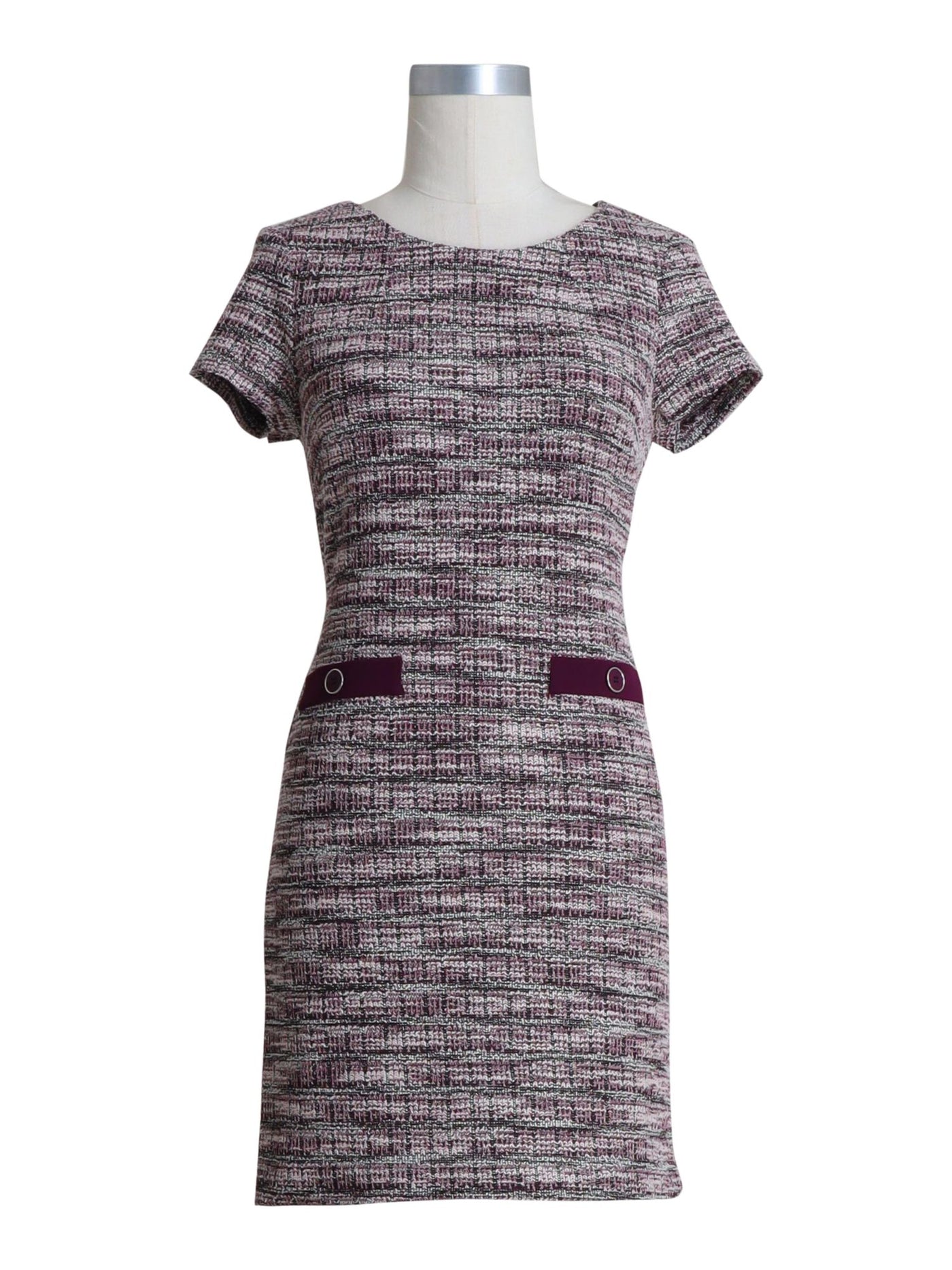 CONNECTED APPAREL Womens Burgundy Stretch Textured Welt-pocket-detail Tweed Short Sleeve Round Neck Above The Knee Wear To Work Sheath Dress Plus 18W