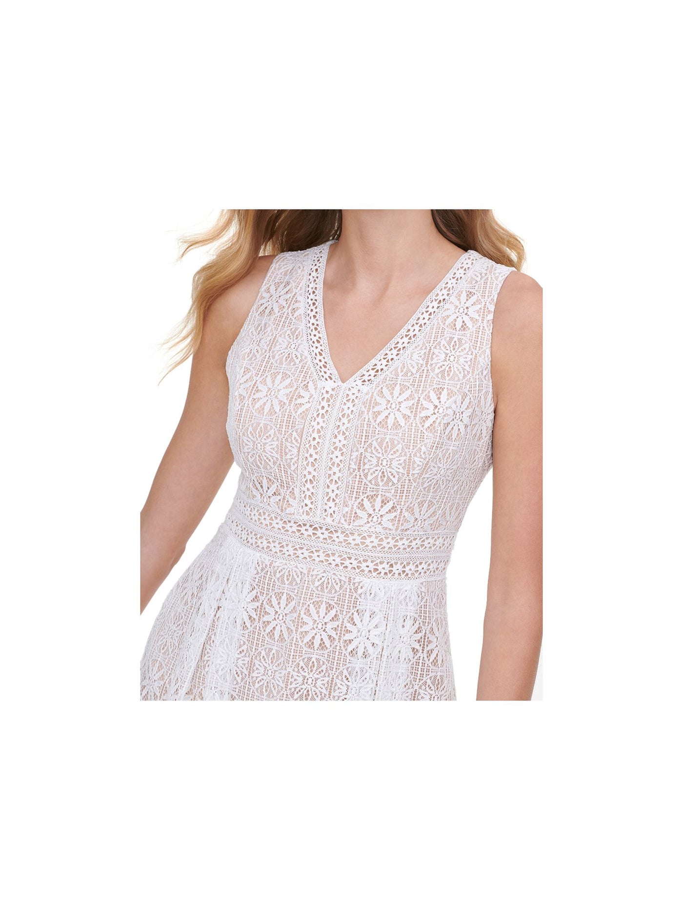 KENSIE DRESSES Womens White Lace Zippered Sleeveless V Neck Short Fit + Flare Dress Juniors 8