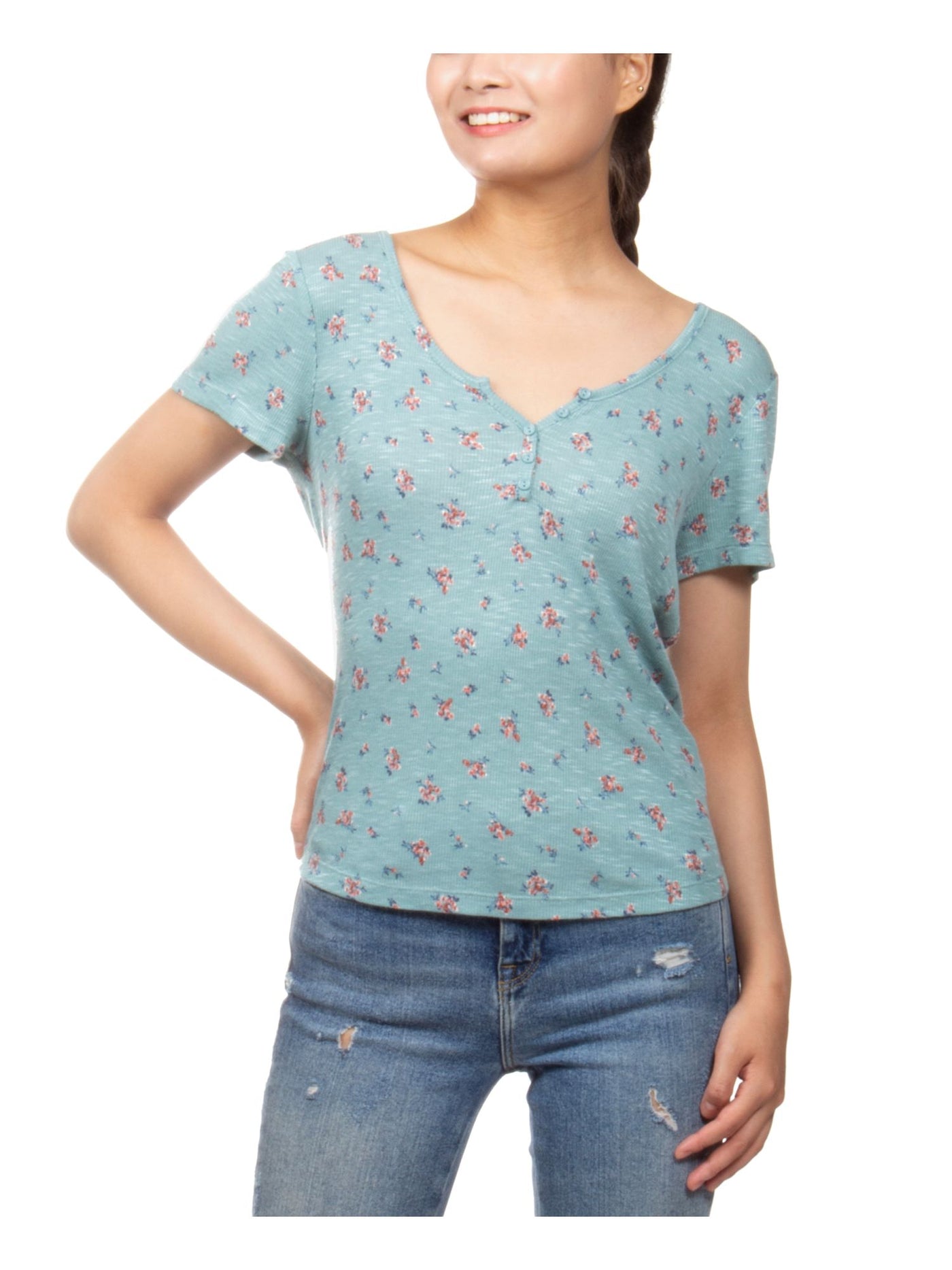 HIPPIE ROSE Womens Green Floral Short Sleeve Top M