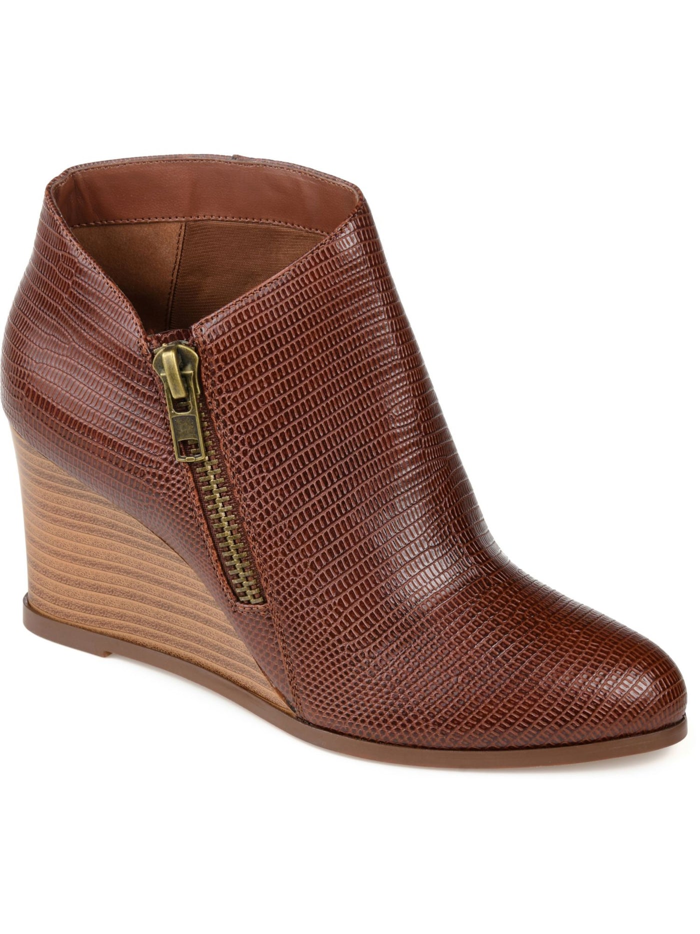 JOURNEE COLLECTION Womens Brown Snakeskin Cushioned Comfort Glam Almond Toe Wedge Zip-Up Booties 8.5