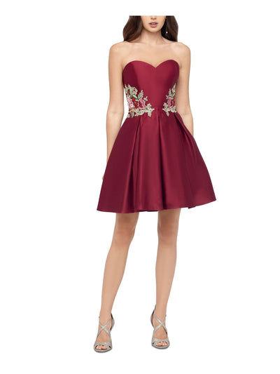 BLONDIE Womens Maroon Embellished Floral Sweetheart Neckline Above The Knee Party Fit + Flare Dress 5