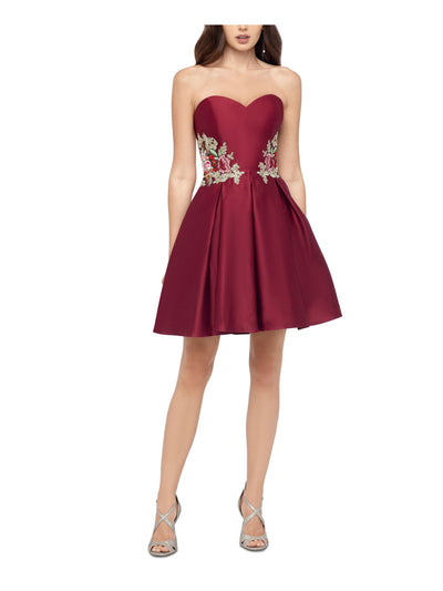 BLONDIE Womens Embellished Sweetheart Neckline Above The Knee Party Fit + Flare Dress