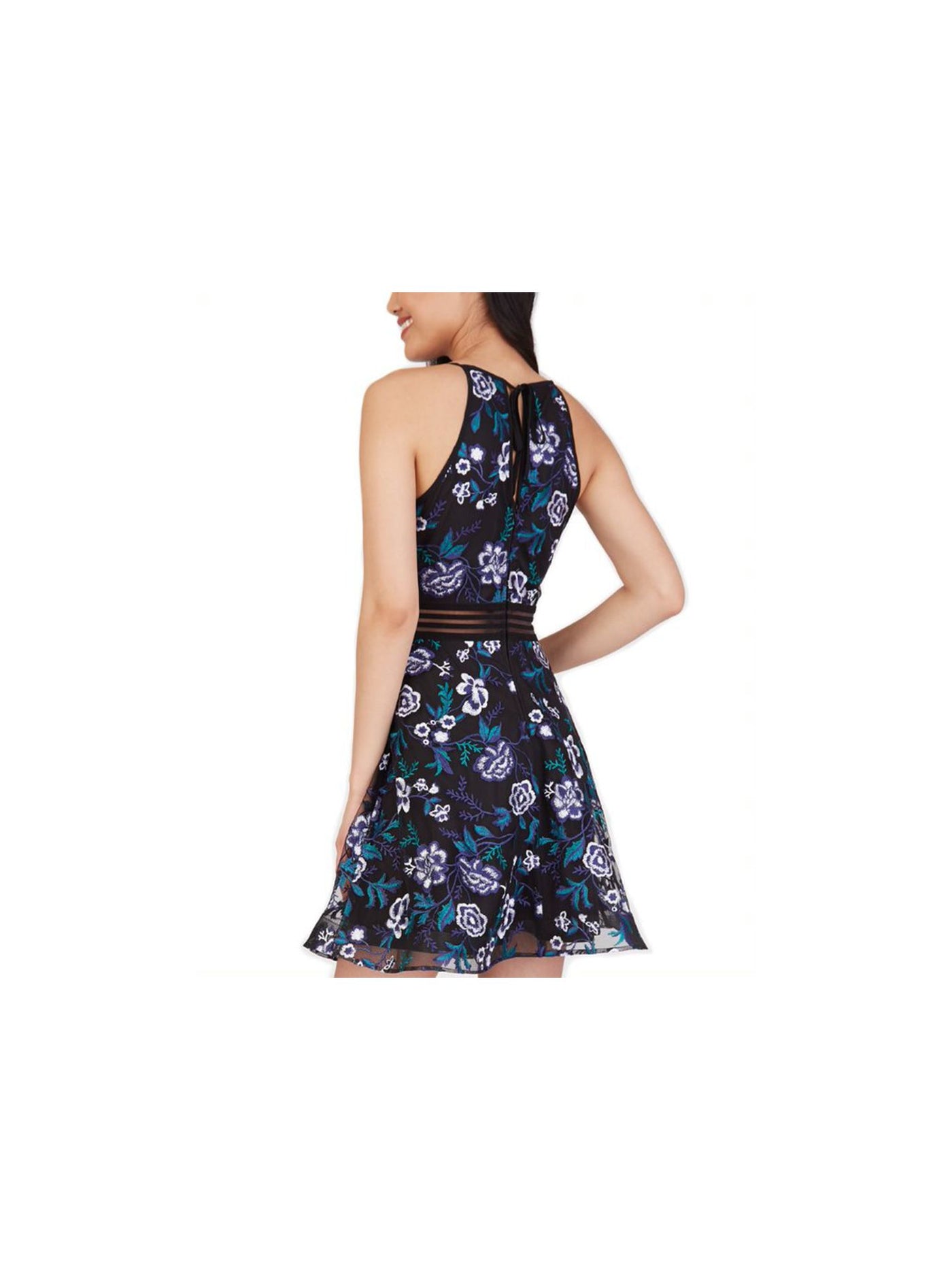 BCX DRESS Womens Black Embroidered Zippered Floral Sleeveless Keyhole Short Fit + Flare Dress Juniors 3