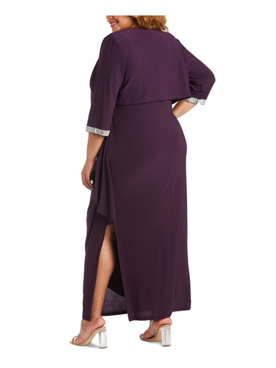R&M RICHARDS WOMAN Womens Purple Stretch Open Front Rhinestone 3/4 Embellished Sleeve Shrug Jacket Plus 22W