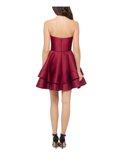 BLONDIE NITES Womens Burgundy Ruffled Zippered Tiered Sleeveless Sweetheart Neckline Short Party Fit + Flare Dress 15