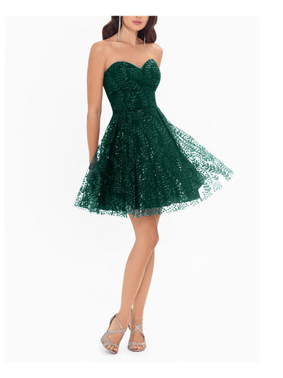 BLONDIE NITES Womens Green Sequined Lace-up Back Sweetheart Neckline Micro Mini Party Fit + Flare Dress 9