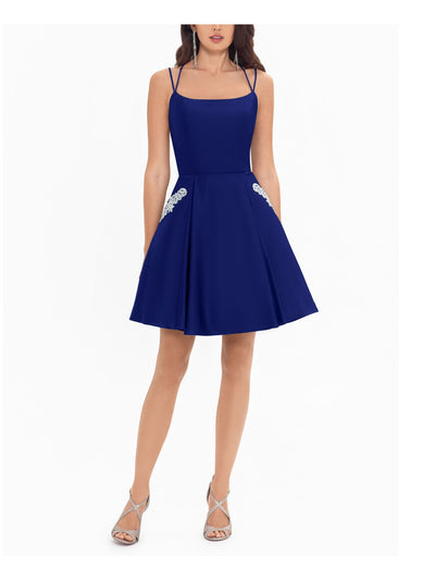 BLONDIE NITES Womens Blue Embellished Zippered Spaghetti Strap Scoop Neck Short Party Fit + Flare Dress Juniors 1
