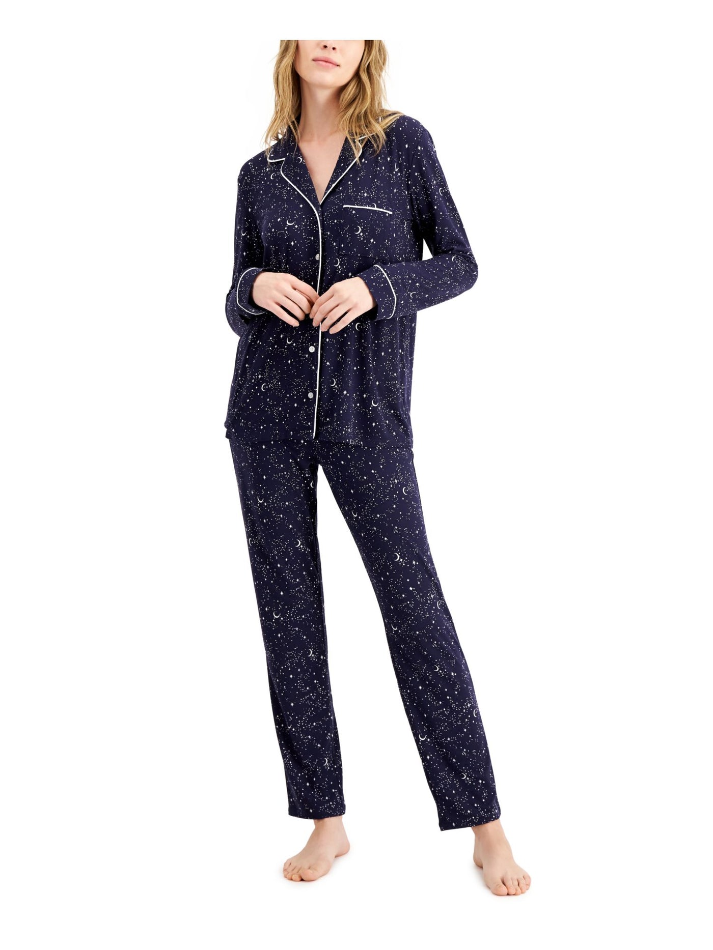 ALFANI INTIMATES Womens Navy Printed Notched Collar Long Sleeve Button Up Top Straight leg Pants Pajamas XXL