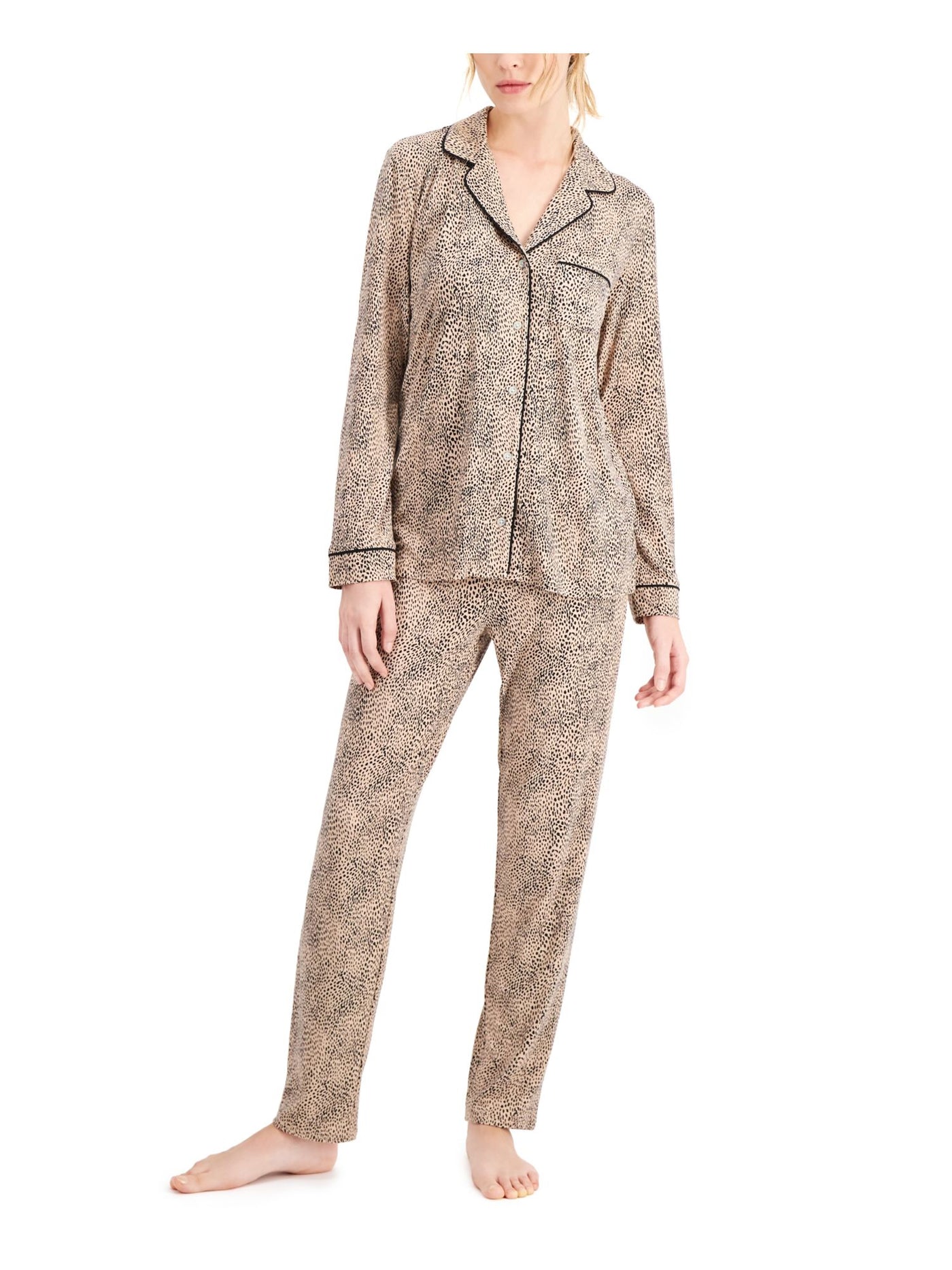 ALFANI Womens Brown Animal Print Notched Collar Long Sleeve Button Up Top Straight leg Pants Pajamas XS