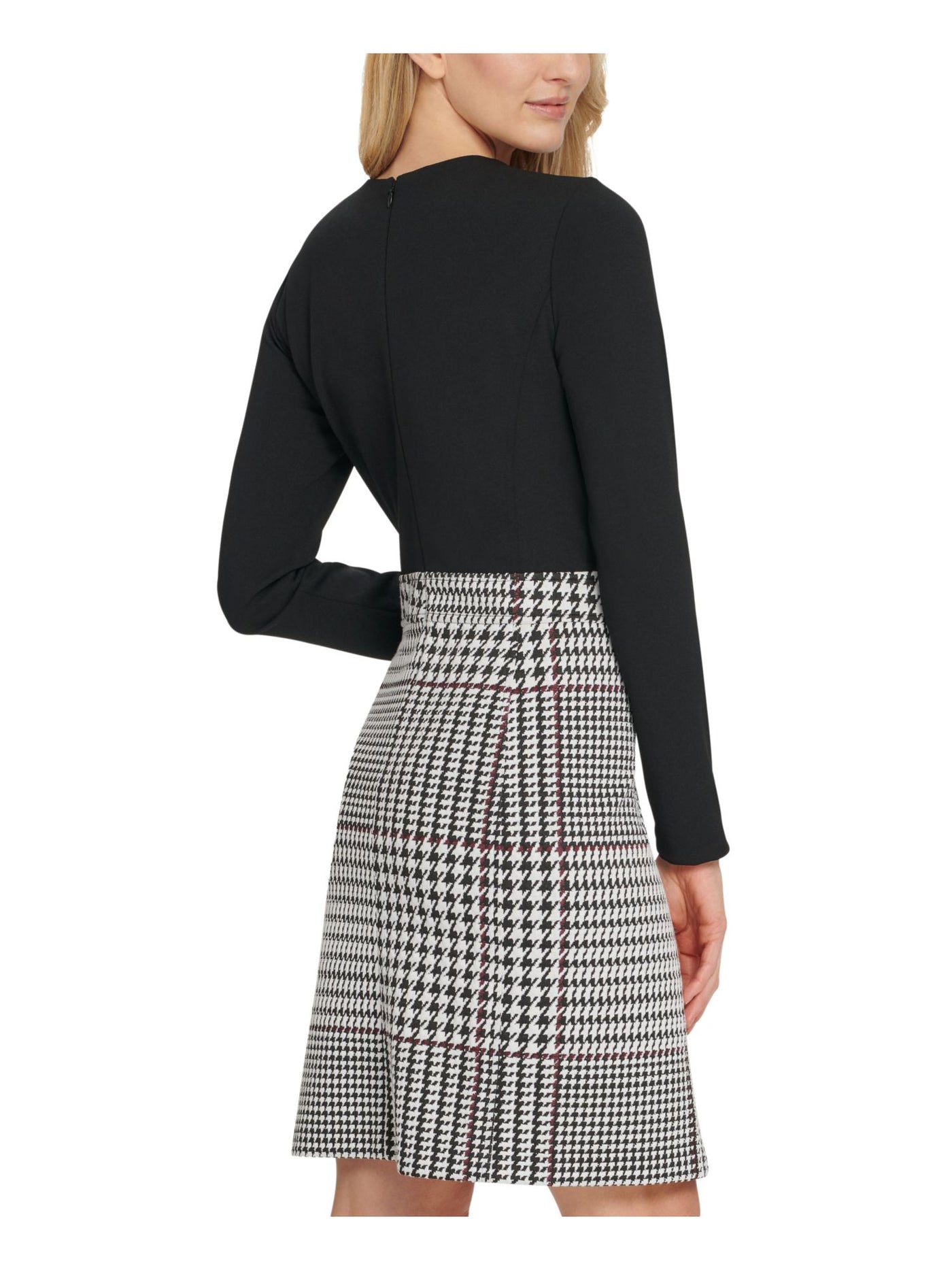 DKNY Womens Black Stretch Zippered Fitted Button Houndstooth Long Sleeve Round Neck Above The Knee Wear To Work Sheath Dress 14