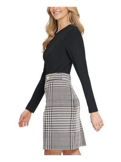 DKNY Womens Black Stretch Zippered Fitted Button Houndstooth Long Sleeve Round Neck Above The Knee Wear To Work Sheath Dress 14