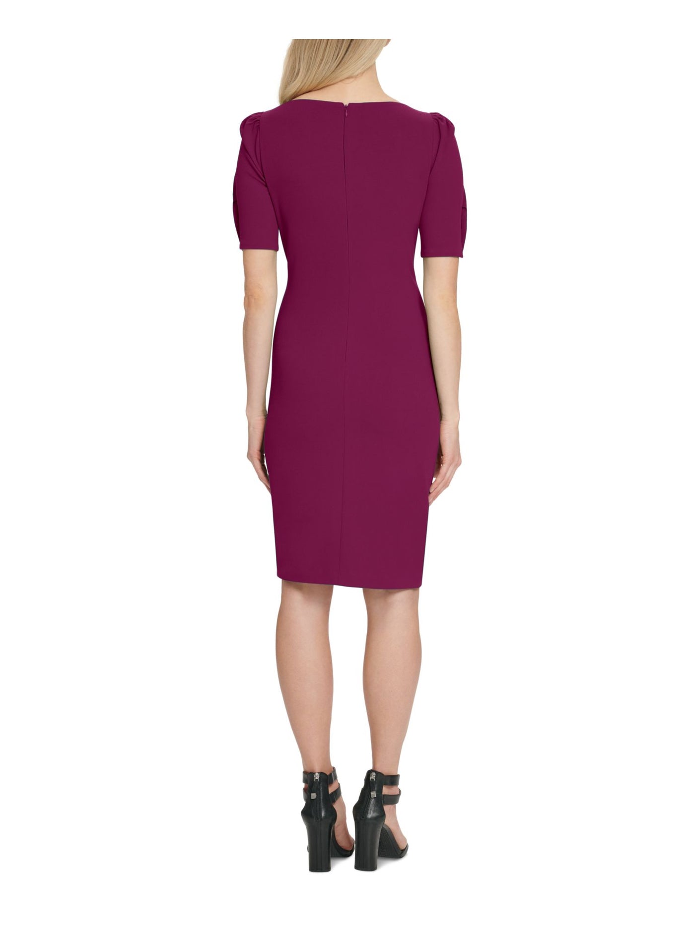 DKNY Womens Purple Ruched Faux Buttons At Sleeve Short Sleeve Jewel Neck Above The Knee Wear To Work Sheath Dress 8