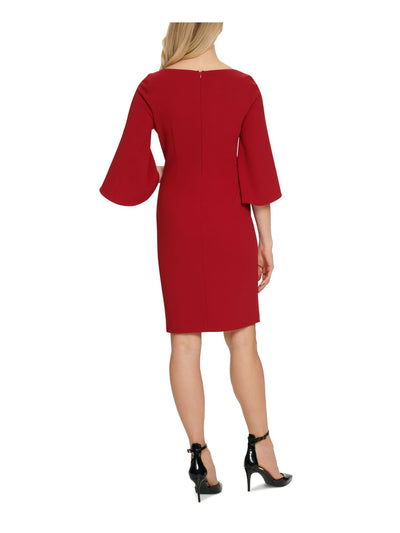 DKNY Womens Red Ruched Zippered Tulip 3/4 Sleeve Boat Neck Above The Knee Evening Sheath Dress 4