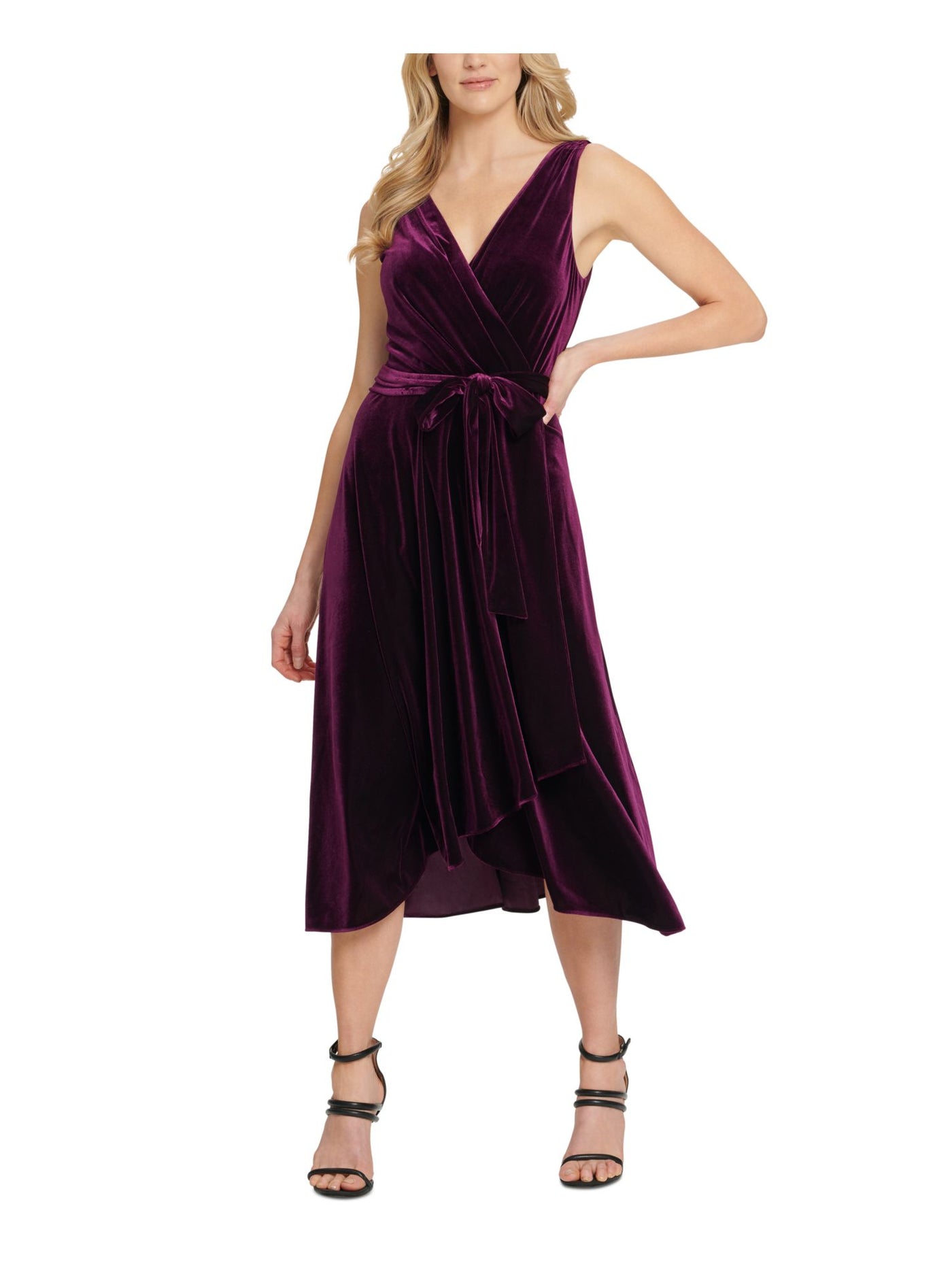 DKNY Womens Purple Belted Tie Velvet Sleeveless V Neck Tea-Length Evening Sheath Dress 12