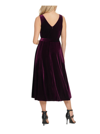 DKNY Womens Purple Belted Tie Velvet Sleeveless V Neck Tea-Length Evening Sheath Dress 12