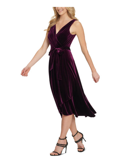 DKNY Womens Purple Belted Tie Velvet Sleeveless V Neck Tea-Length Evening Sheath Dress 12