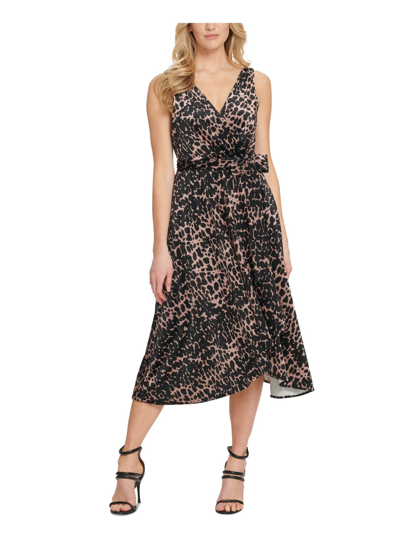 DKNY Womens Black Belted Animal Print Evening Faux Wrap Dress 2